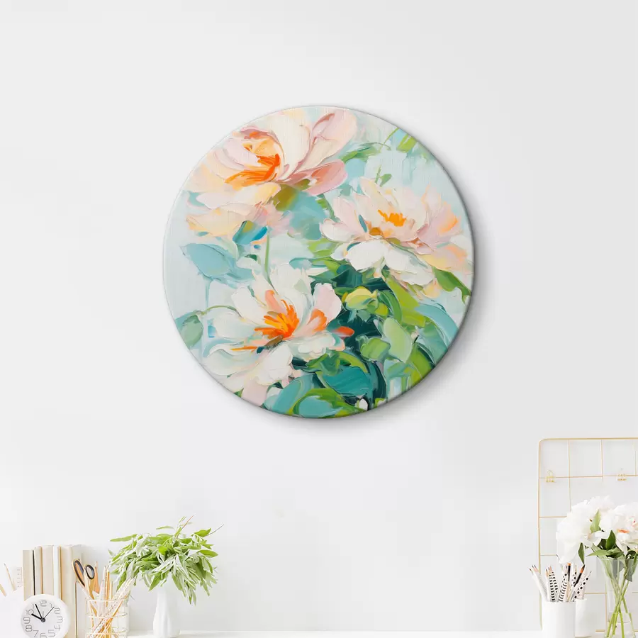  Peintures Fleurs de pêche blanches et pastel, feuilles vertes, coups de pinceau doux imitation peinture à l'huile, fond bleu clair r45550