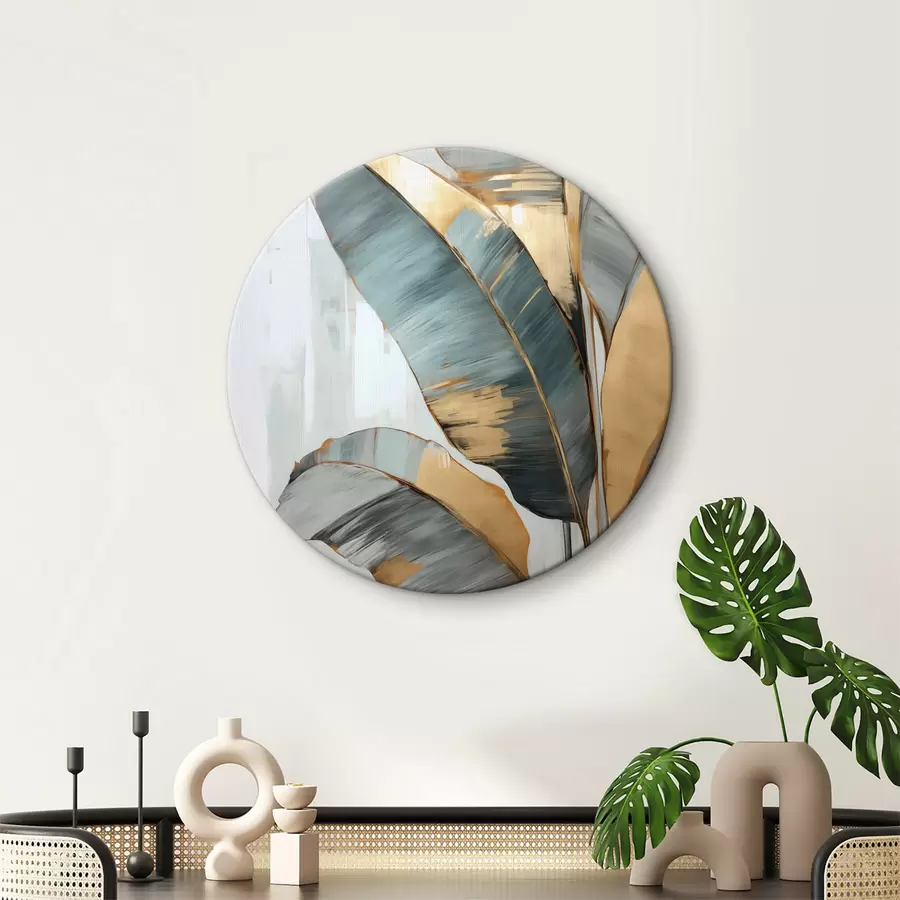  Peintures Un ensemble de feuilles de bananier bleues, grises et jaunes avec des coups de pinceau visibles, sur un fond blanc abstrait r45551