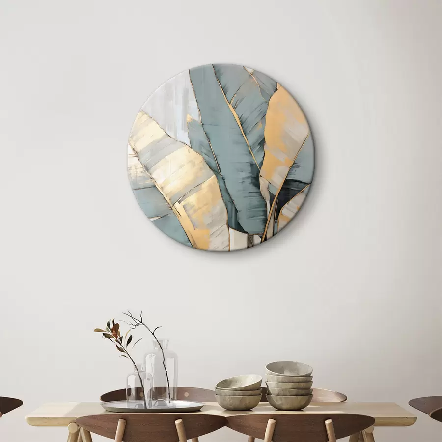  Peintures Feuilles de bananier bleues, grises et jaunes avec des coups de pinceau visibles, sur un fond blanc abstrait r45552