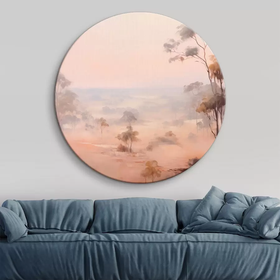  Peintures Un paysage avec des buissons et des arbres dans des tons pastel de rose, orange et brun, avec des montagnes en arrière-plan r45554