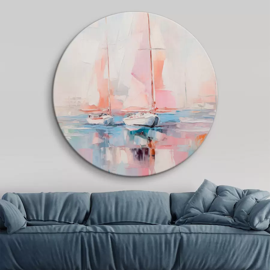  Peintures Voiliers aux voiles roses flottant sur une mer calme, reflets des bateaux dans l'eau, couleurs douces et pastel r45557