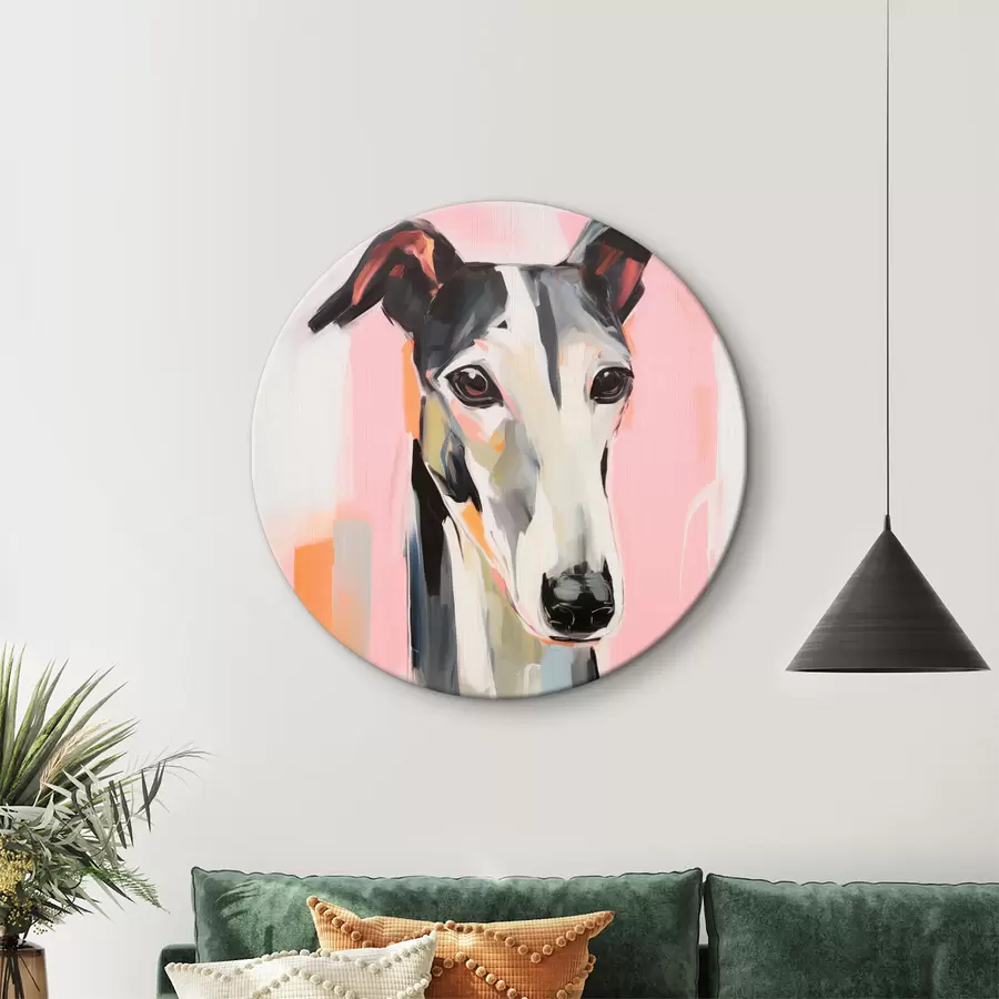  Peintures Un lévrier sur un fond de coups de pinceau roses, orange et blancs r45566