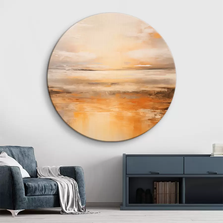  Peintures Peinture abstraite d'un paysage de plage avec un océan calme, du sable orange et un ciel nuageux avec du soleil r45567
