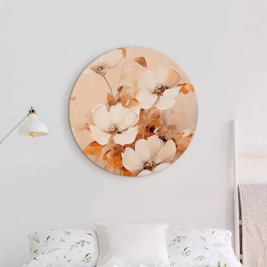  Schilderijen Witte bloemen met oranje bladeren, fijne penseelstreken, warm kleurenpalet, elegante compositie r45573