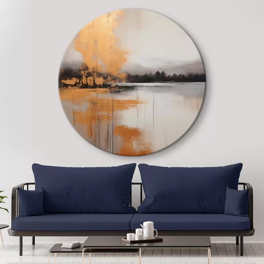  Schilderijen Een abstract landschap met een meer, boom en gele mist, het water weerspiegelt en bewolkte lucht r45575