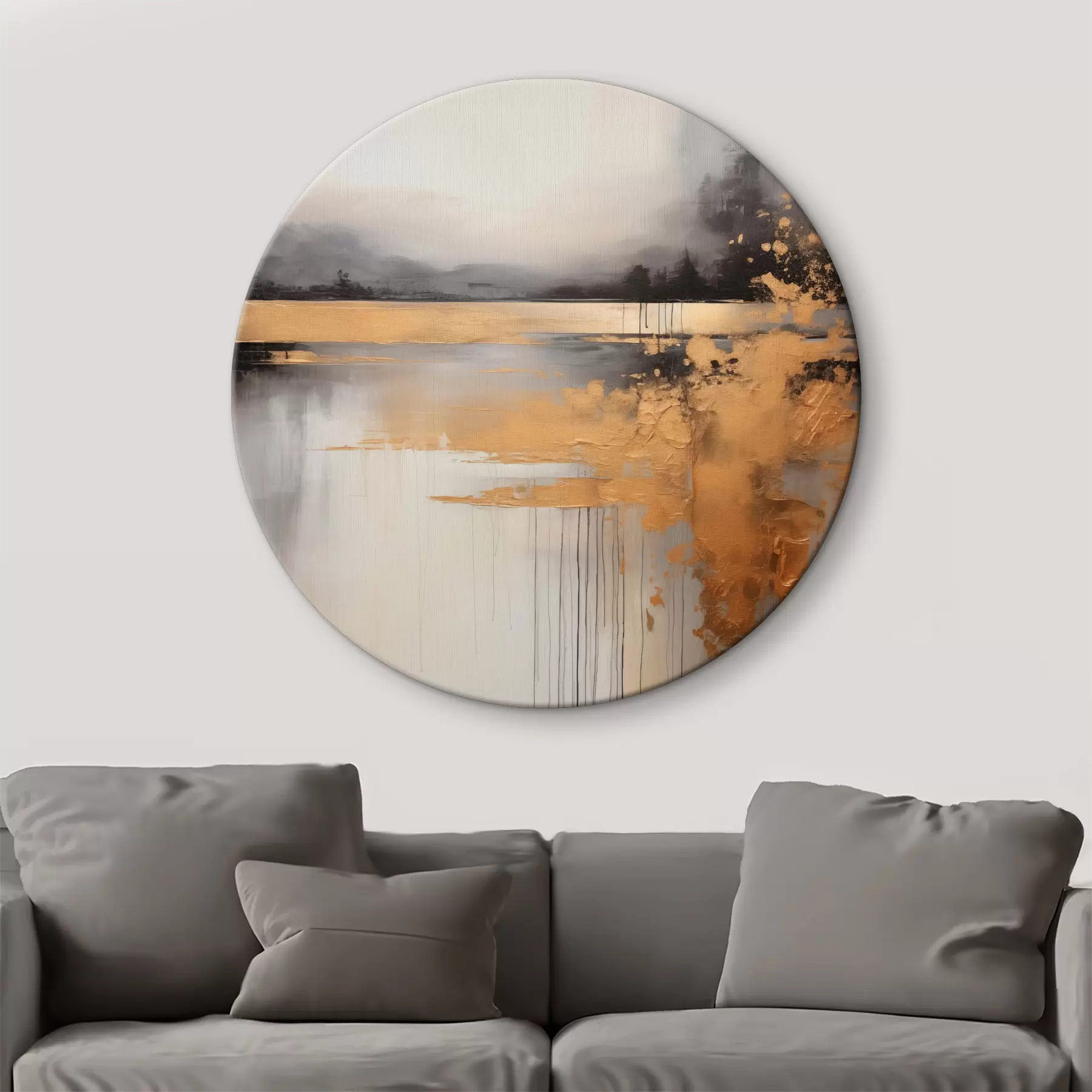  Schilderijen Abstract textuurlandschap met een rivier en donkere bomen op de achtergrond, de lucht is bewolkt r45576