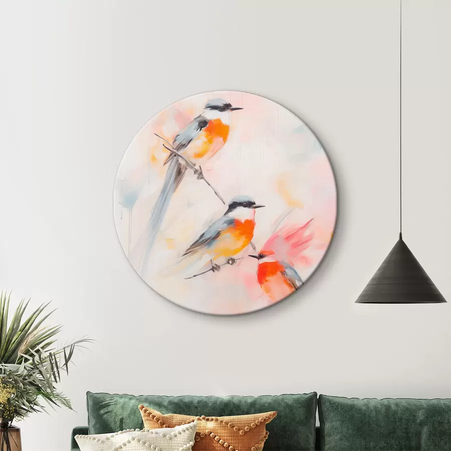  Schilderijen Vogels neergestreken op takken , zachte pastelkleuren, lichte achtergrond met roze en witte tinten r45577