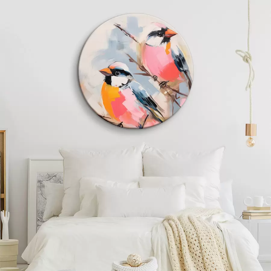  Schilderijen Kleurrijke vogels op een tak tegen een zachte pastelkleurige achtergrond r45578