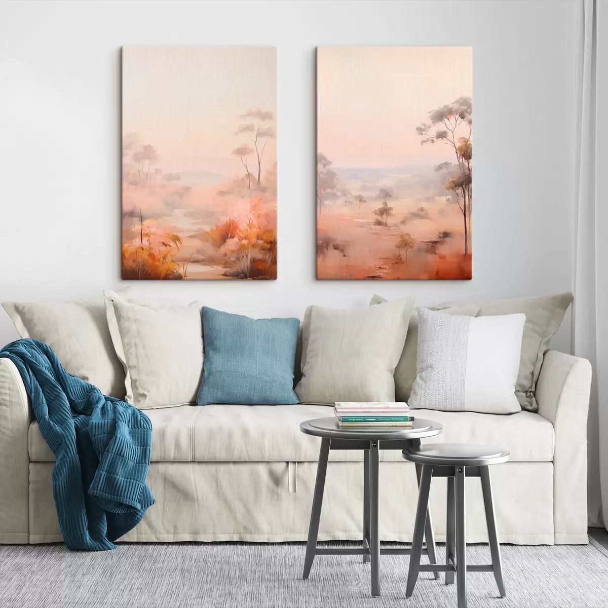  Peintures Un paysage avec des buissons et des arbres dans les tons rose, orange et marron, avec des montagnes en arrière-plan m00646