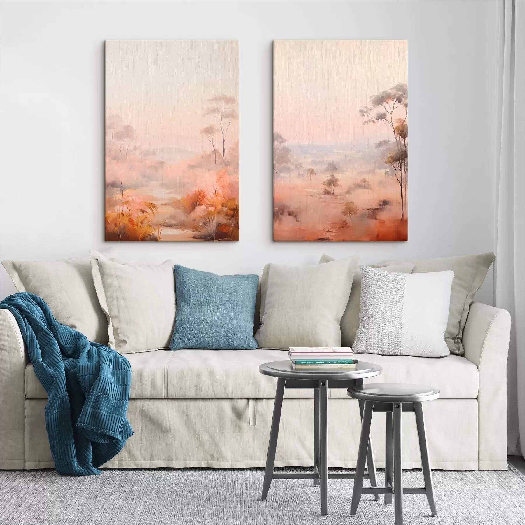  Peintures Un paysage avec des buissons et des arbres dans les tons rose, orange et marron, avec des montagnes en arrière-plan m00646