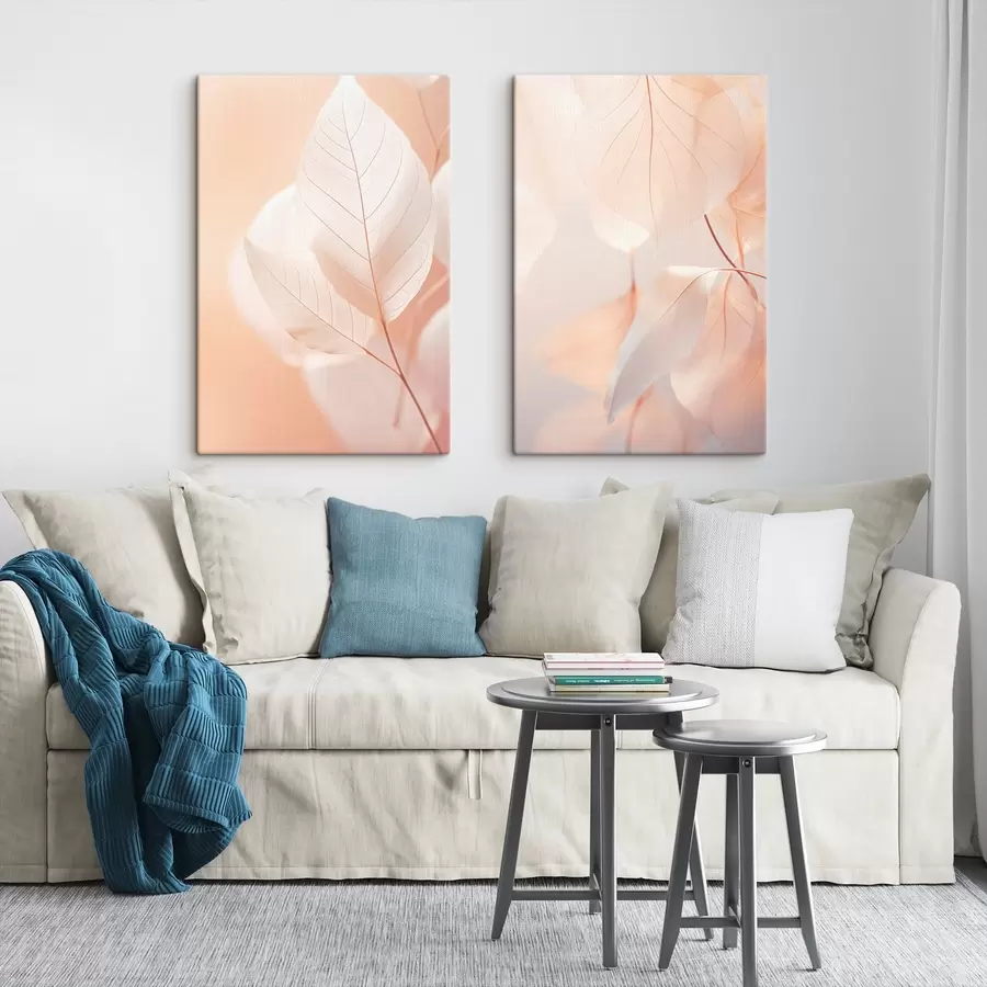  Peintures Gros plan sur des feuilles translucides aux nervures délicates, palette de couleurs pêche et blanc, arrière-plan flou m00647