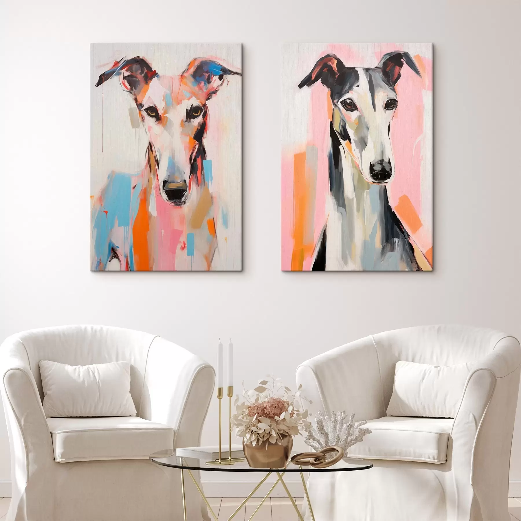  Schilderijen Een windhond, beschilderd met levendige kleuren zoals oranje, roze en blauw, tegen een effen witte achtergrond m00652