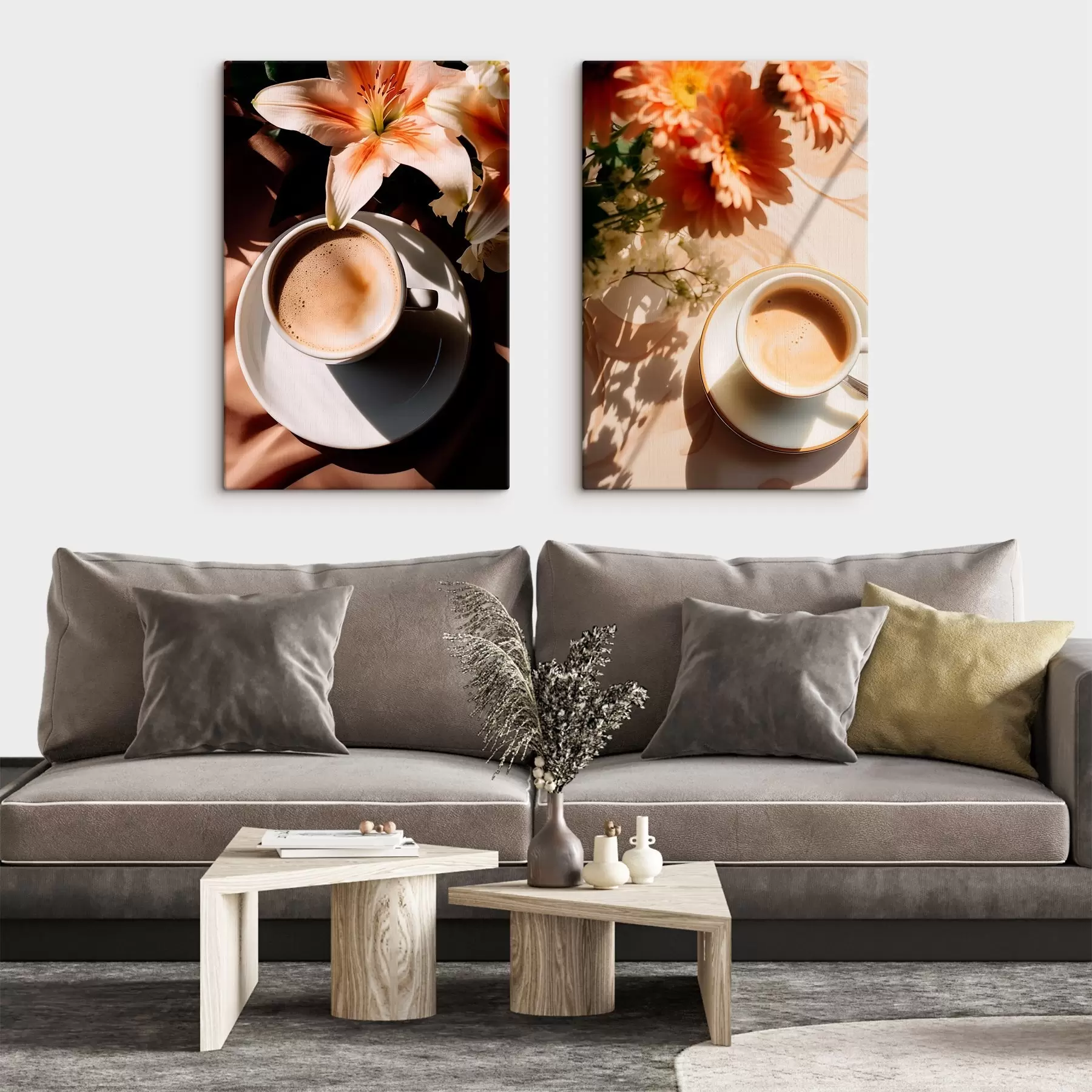  Peintures Une tasse de café avec de la mousse sur une assiette blanche, quelques fleurs en arrière-plan, avec la lumière du soleil m00654