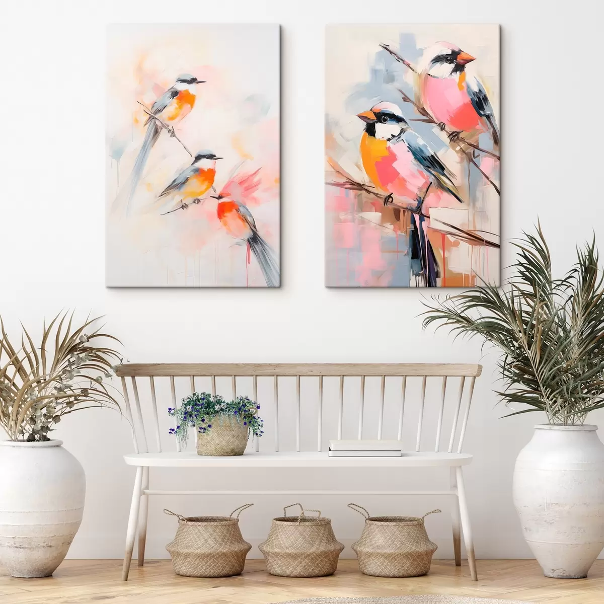  Peintures Oiseaux perchés sur des branches, couleurs douces et pastel, fond clair avec des teintes roses et blanches m00658