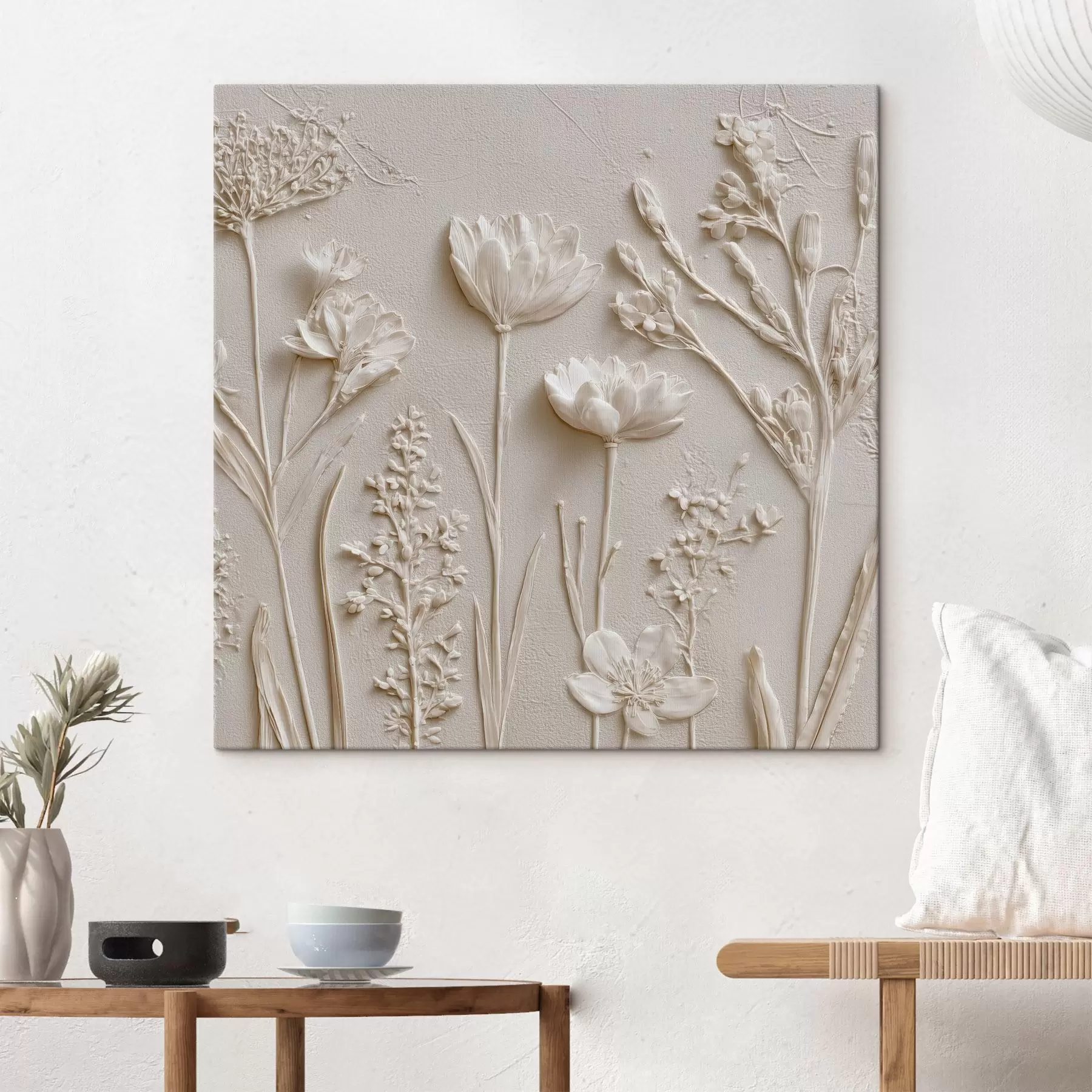  Peintures Composition abstraite : style bas-relief avec des fleurs sur un fond clair s45535