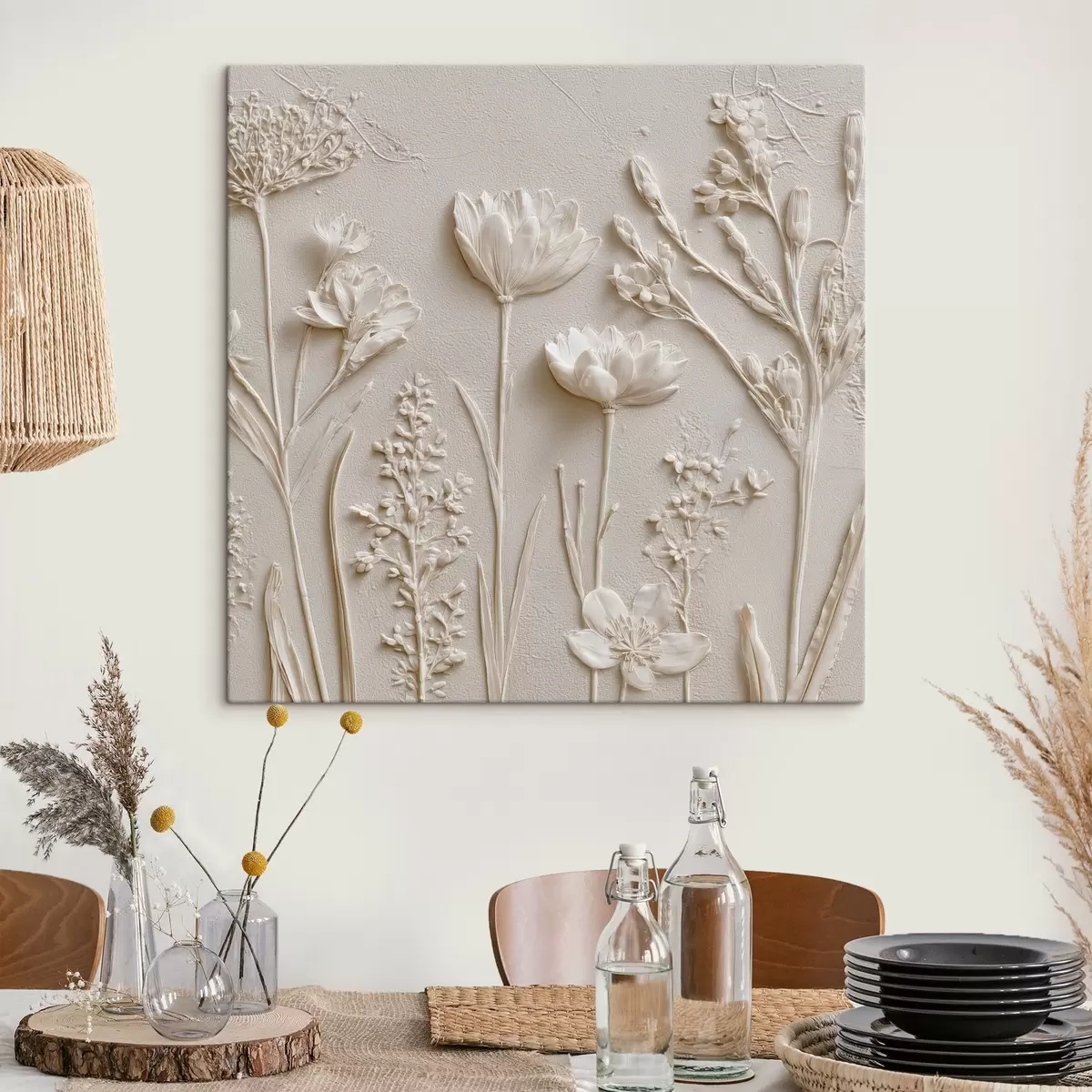  Schilderijen Abstracte compositie: bas-reliëfstijl met bloemen op een lichte achtergrond s45535