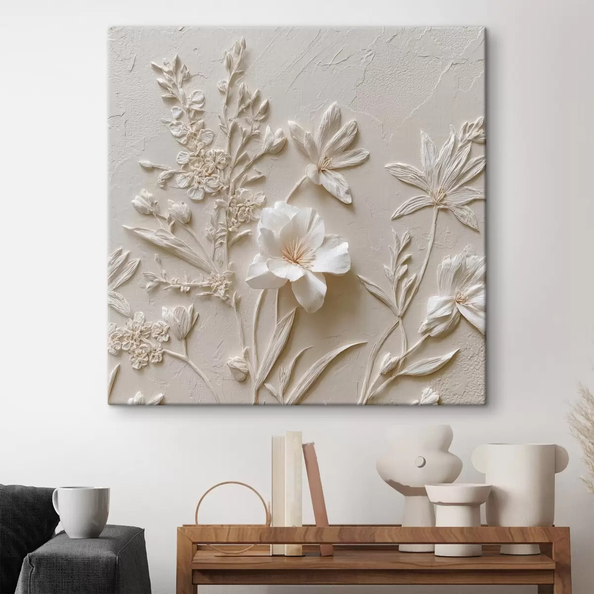  Peintures Motif floral : style bas-relief avec des plantes sur un fond clair s45536