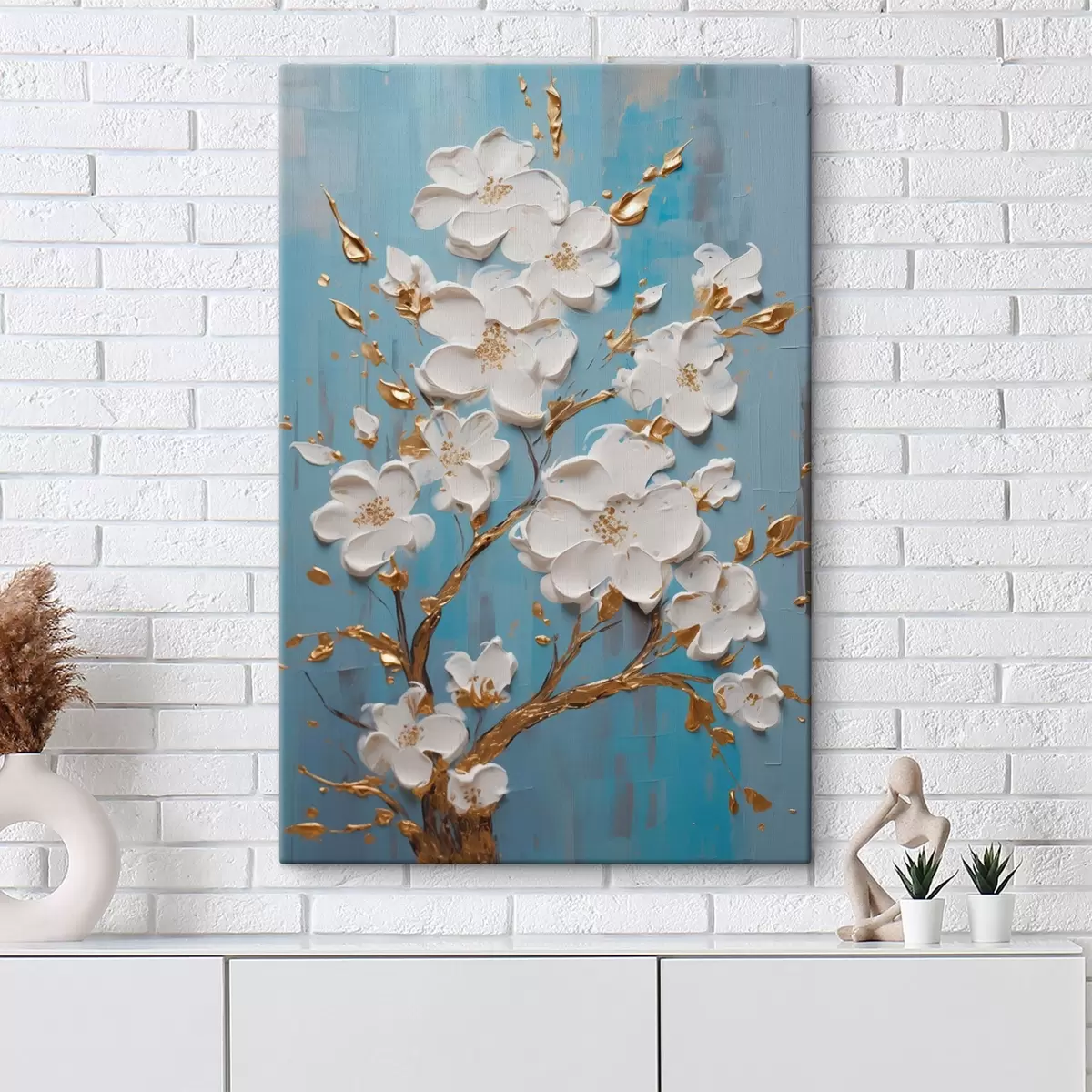  Peintures Fleurs blanches sur une branche : motif décoratif dans les tons bleu clair s45541