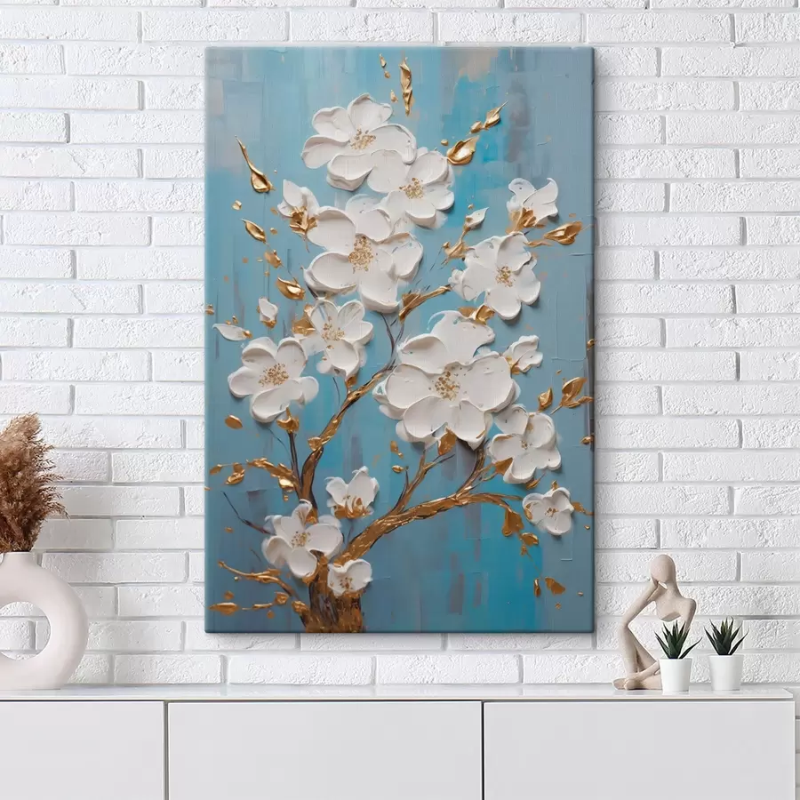  Schilderijen Witte bloemen op een tak: decoratief motief in lichtblauwe tinten s45541