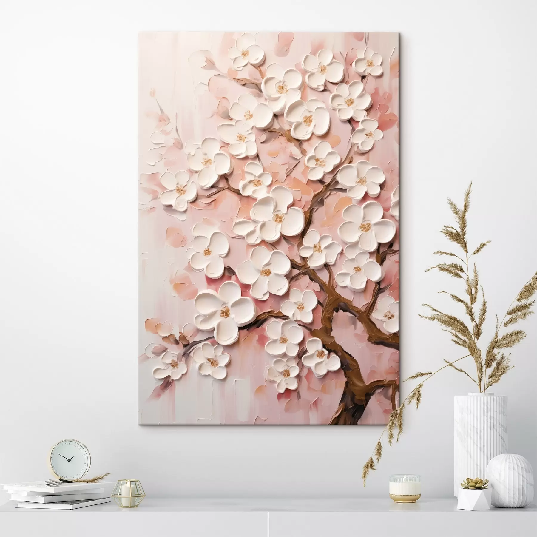  Peintures Branche fleurie : composition en relief dans des tons roses clairs s45543