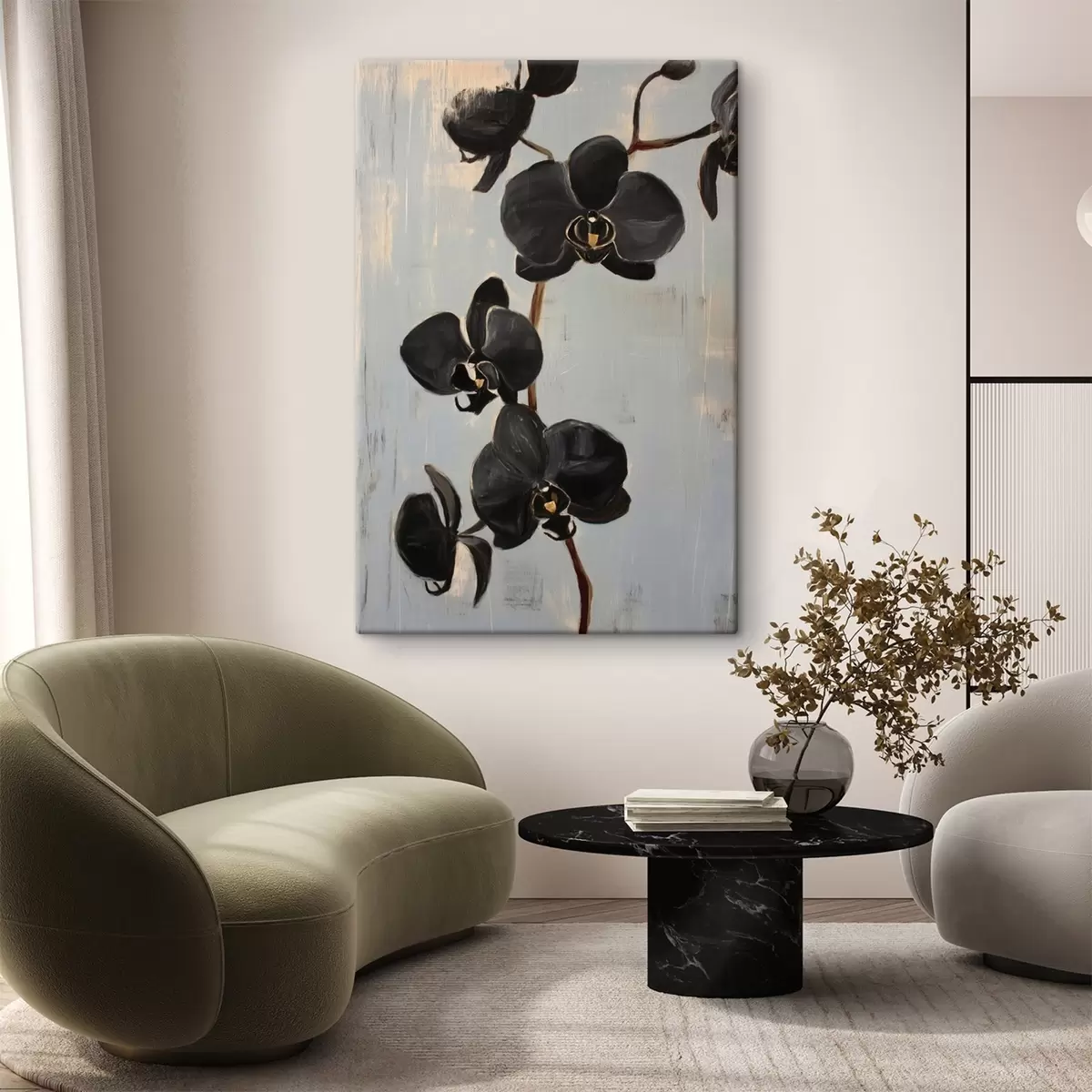  Schilderijen Decoratieve orchideeën: zwarte bloemen op een grijze achtergrond s45547