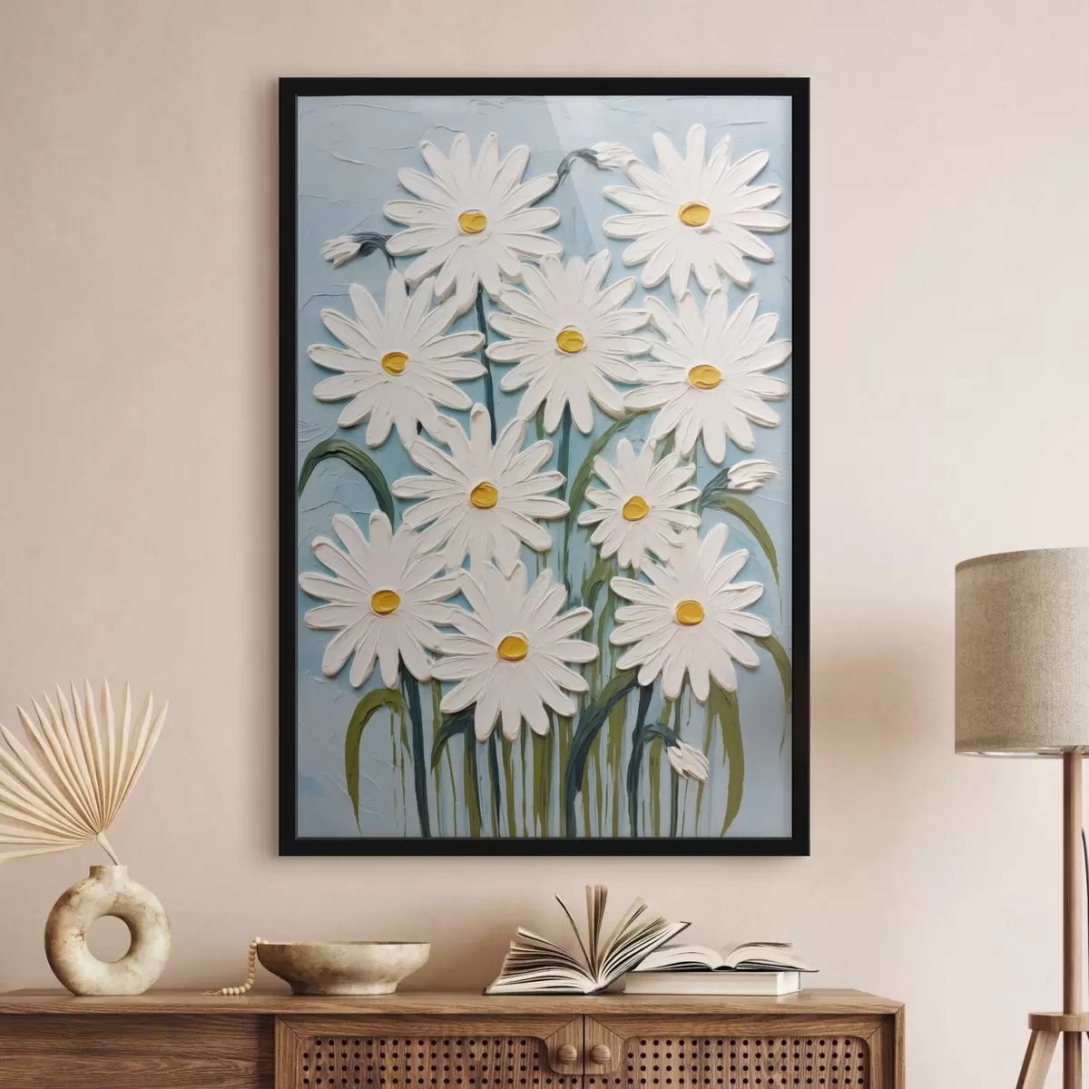 Affiche Marguerites dans le style de la peinture en relief : composition sur fond bleu f45527