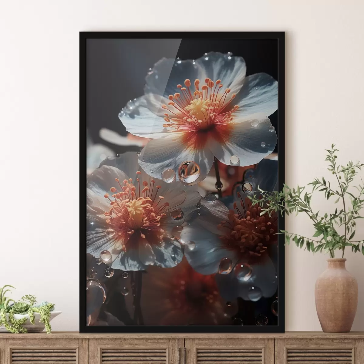 Poster Bloemmotief: schoonheid van bloemblaadjes met dauw op een donkere achtergrond f45529