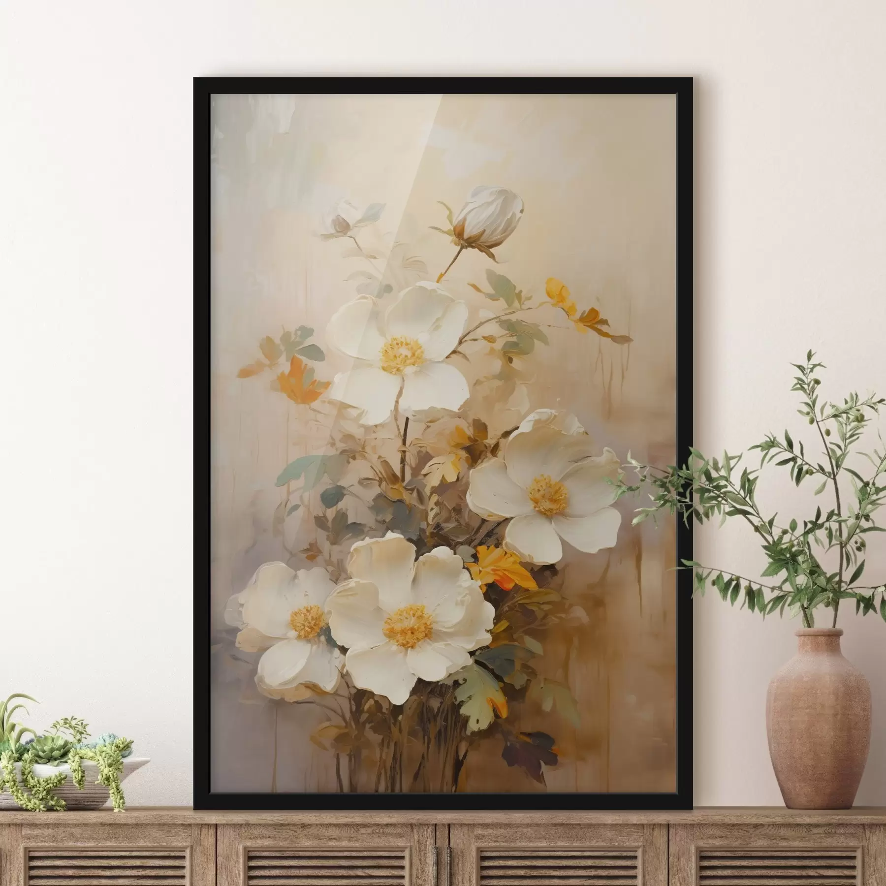 Fotobehang Witte bloemen: schilderachtige compositie in pasteltinten f45533