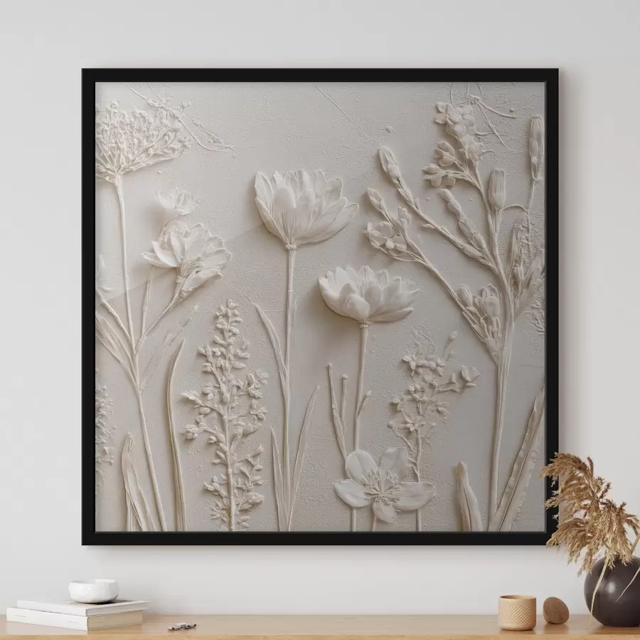 Papier peint photo Composition abstraite : style bas-relief avec des fleurs sur un fond clair f45535