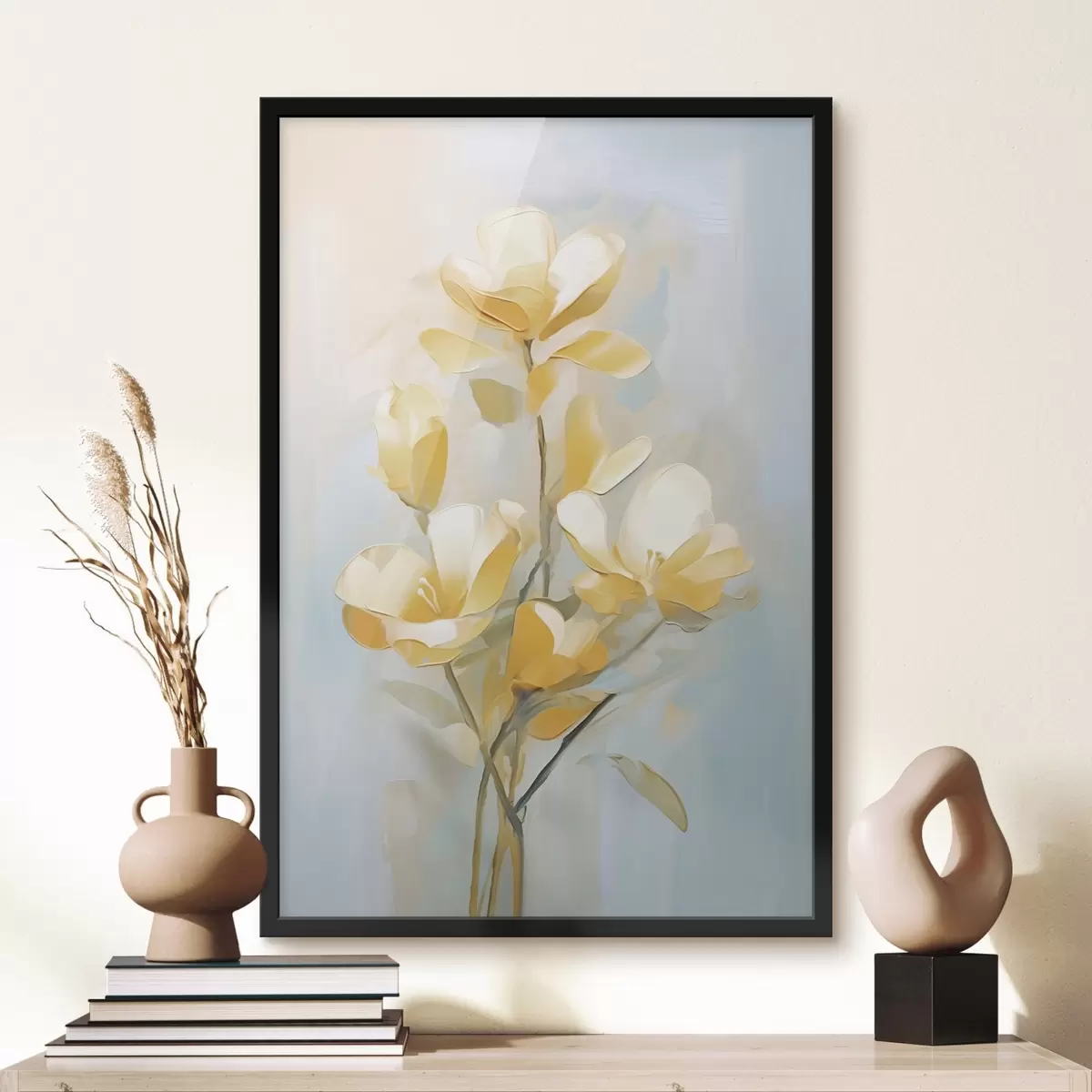 Poster Bloemmotief: boeket in lichtgele en blauwe tinten f45540