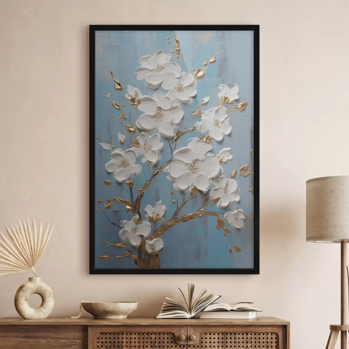 Affiche Fleurs blanches sur une branche : motif décoratif dans les tons bleu clair f45541