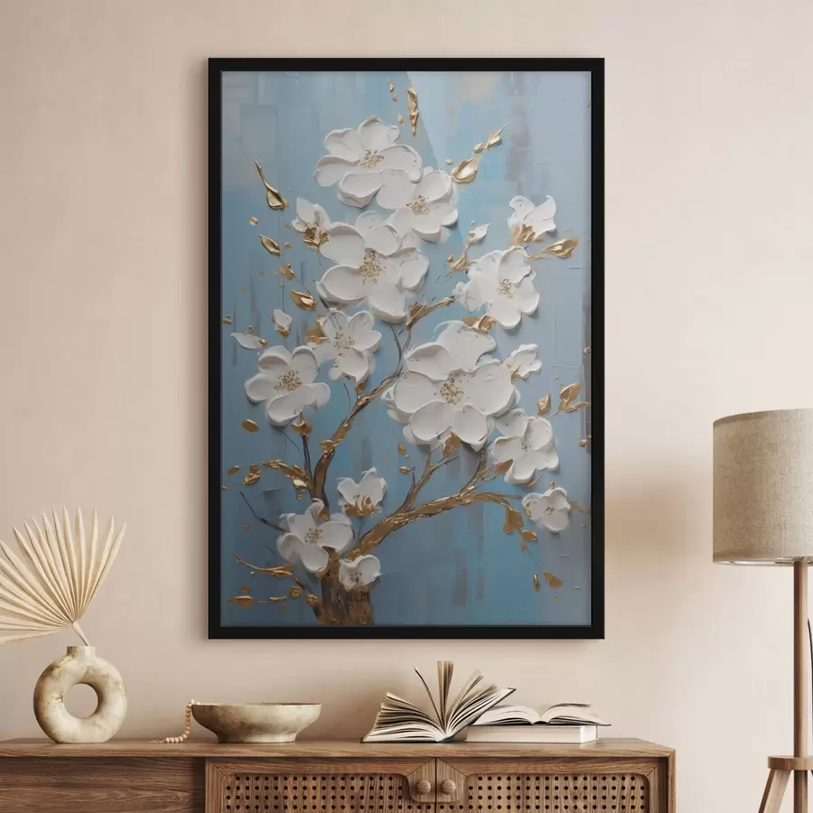 Papier peint photo Fleurs blanches sur une branche : motif décoratif dans les tons bleu clair f45541