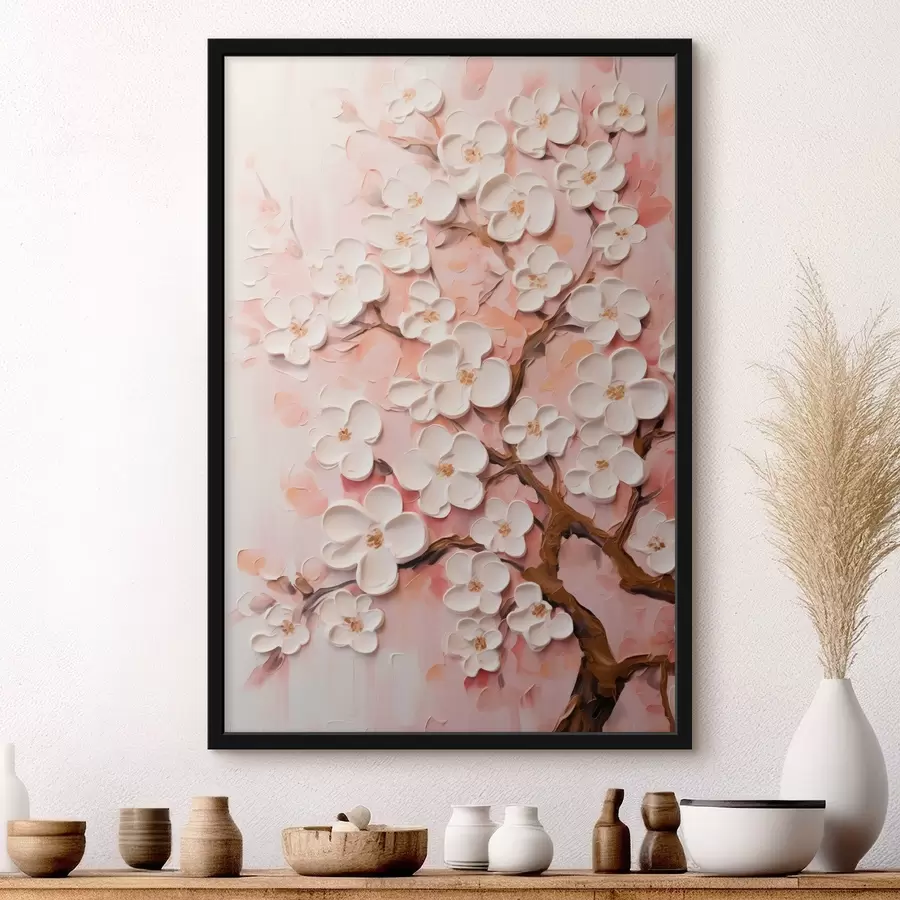 Fotobehang Bloeiende tak: reliëfcompositie in lichtroze tinten f45543