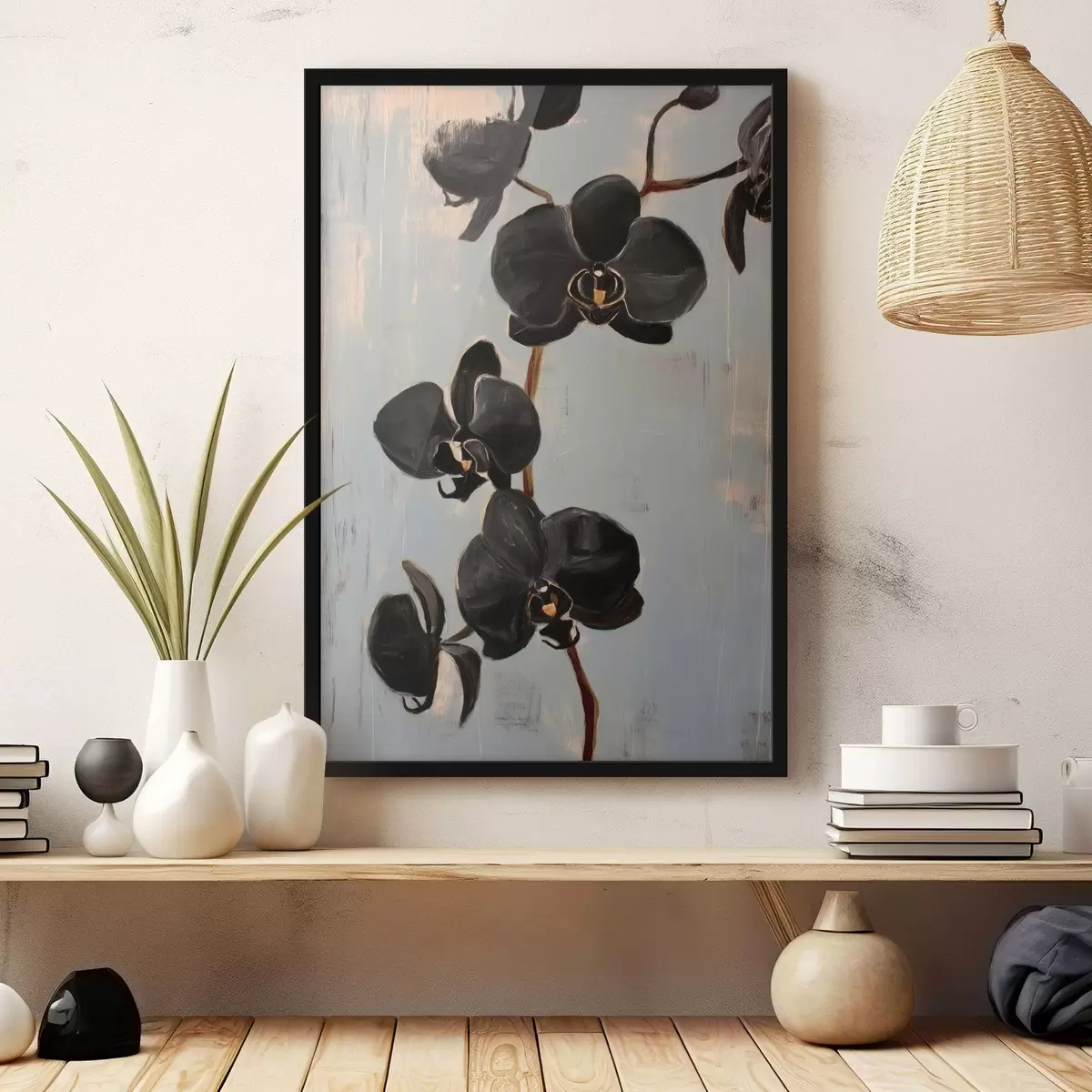 Poster Decoratieve orchideeën: zwarte bloemen op een grijze achtergrond f45547