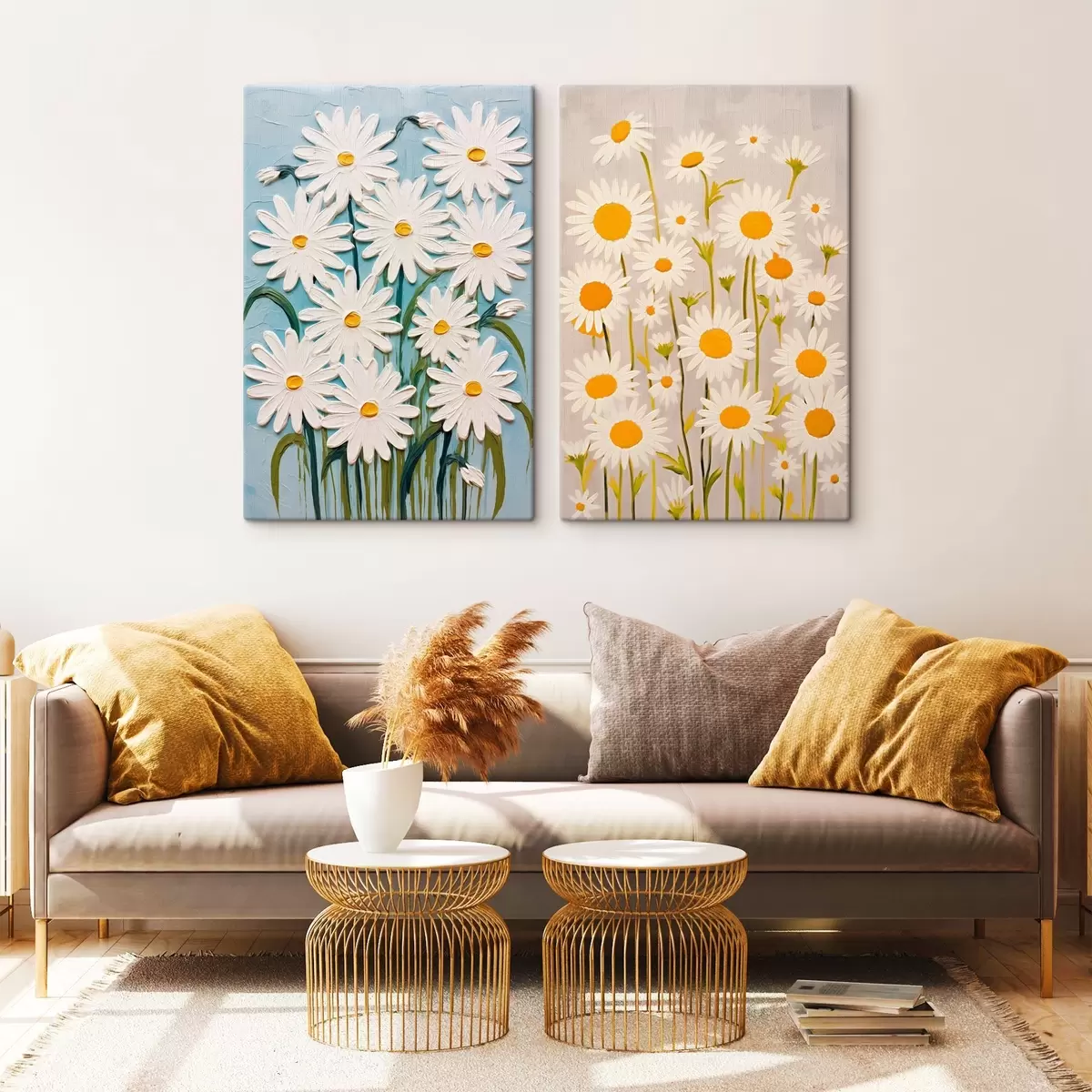  Schilderijen Lentefrisheid: tweeluik met volumineuze margrieten in impasto stijl m00633