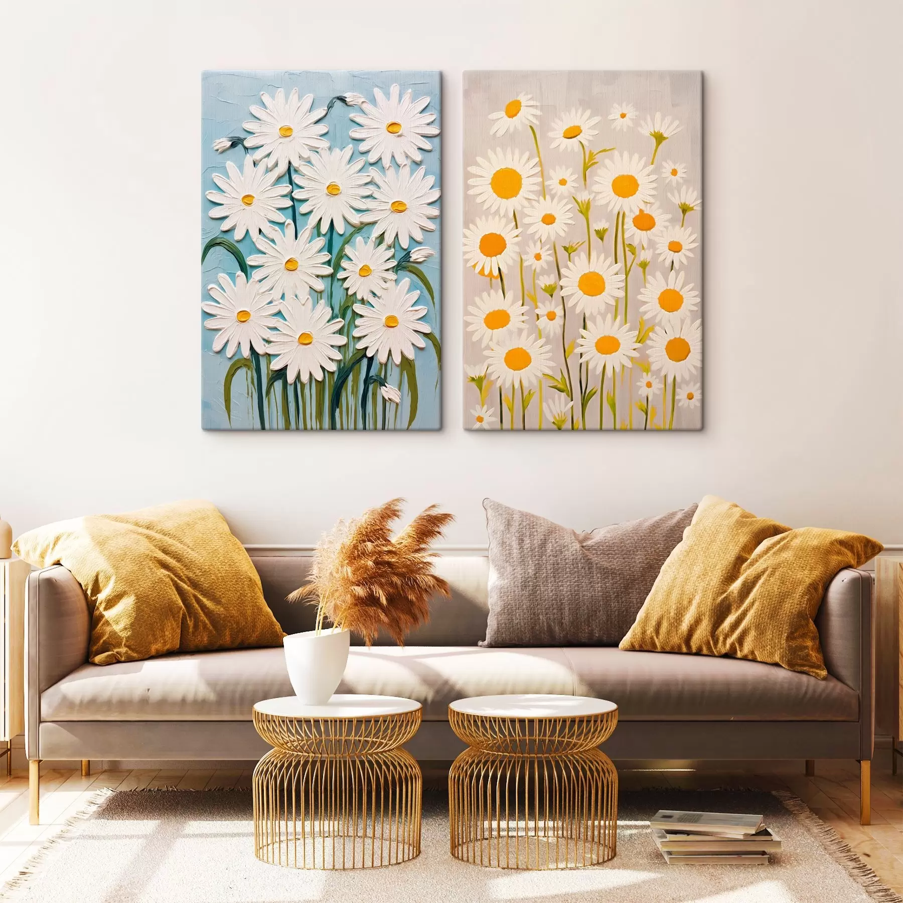  Peintures Fraîcheur printanière : diptyque de marguerites volumineuses en style empâté m00633