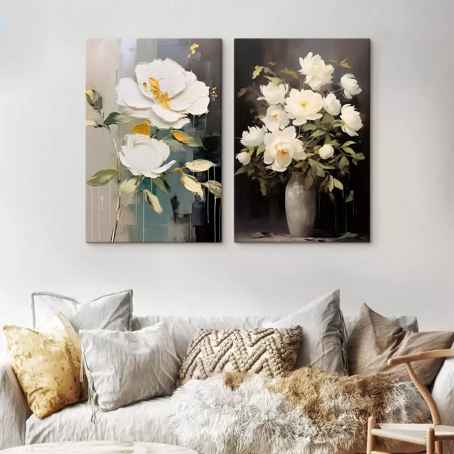  Peintures Pivoines blanches sur fond sombre : composition décorative m00634