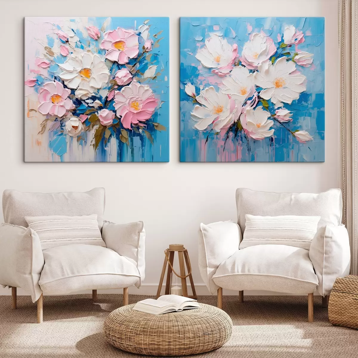  Peintures Fleurs abstraites : composition décorative dans les tons roses et bleus m00643
