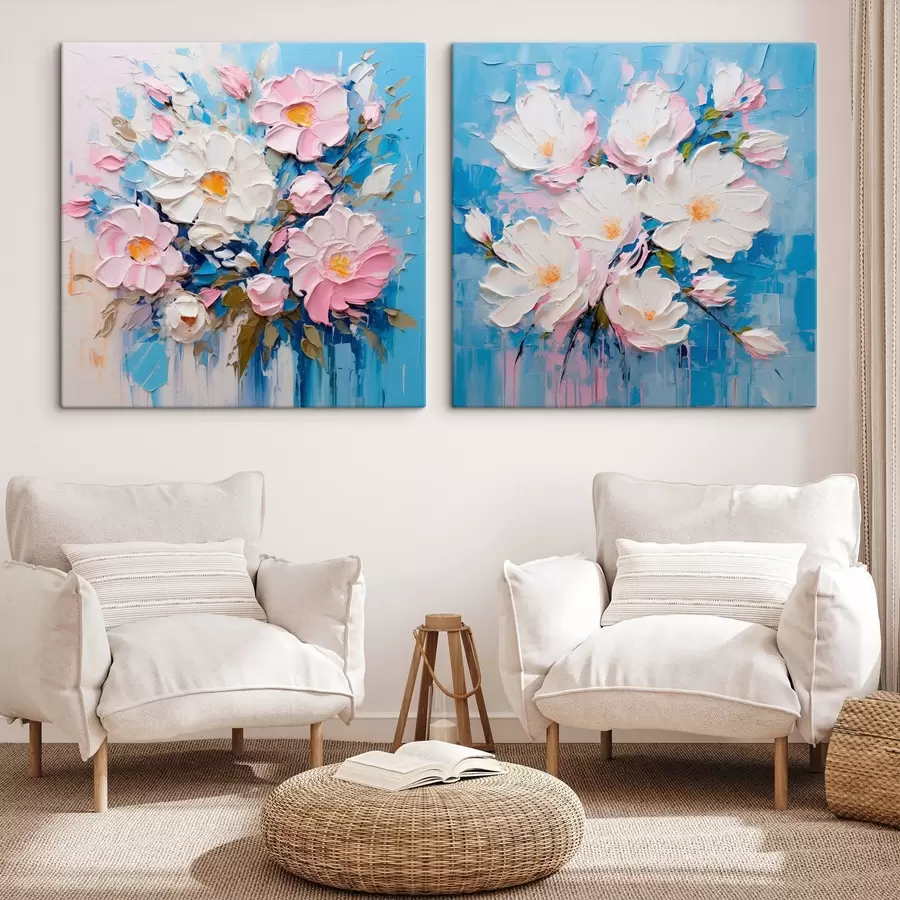  Peintures Fleurs abstraites : composition décorative dans les tons roses et bleus m00643