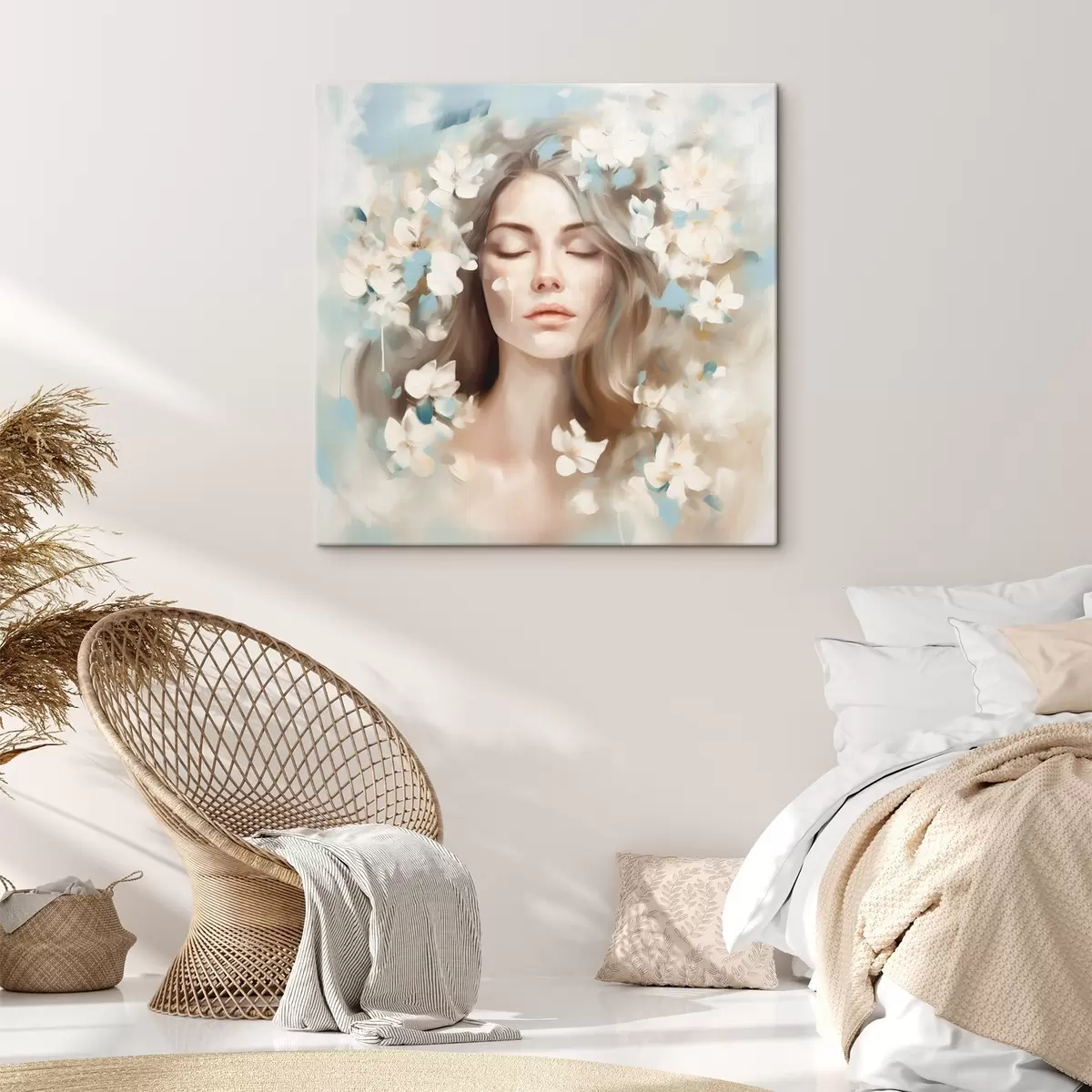  Peintures Portrait abstrait d'une femme avec des fleurs en forme de coups de pinceau s45450