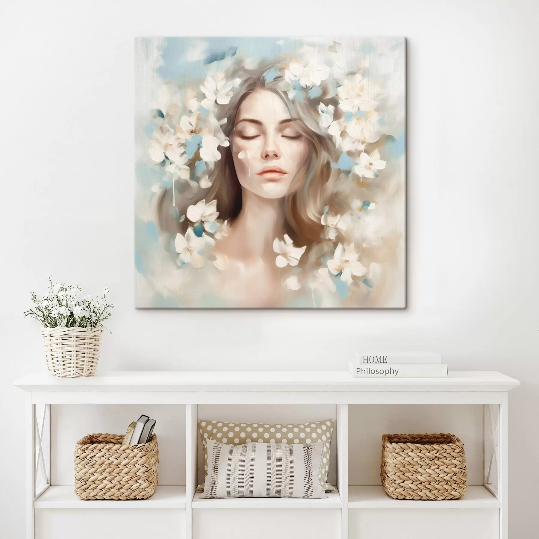  Schilderijen Abstract portret van een vrouw met bloemen in de vorm van penseelstreken s45450