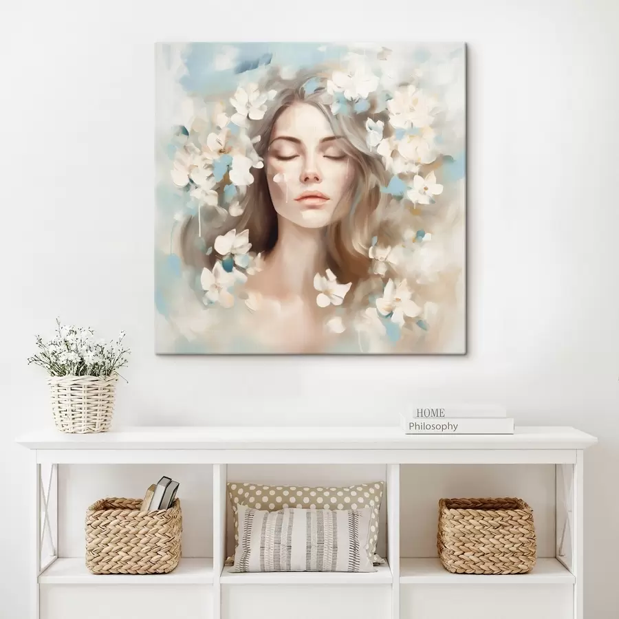  Peintures Portrait abstrait d'une femme avec des fleurs en forme de coups de pinceau s45450