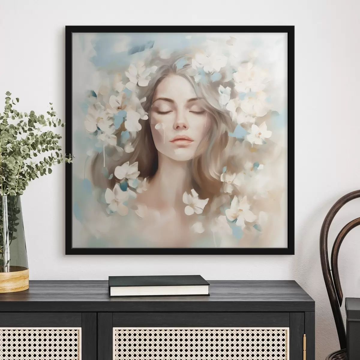 Poster Abstract portret van een vrouw met bloemen in de vorm van penseelstreken f45450