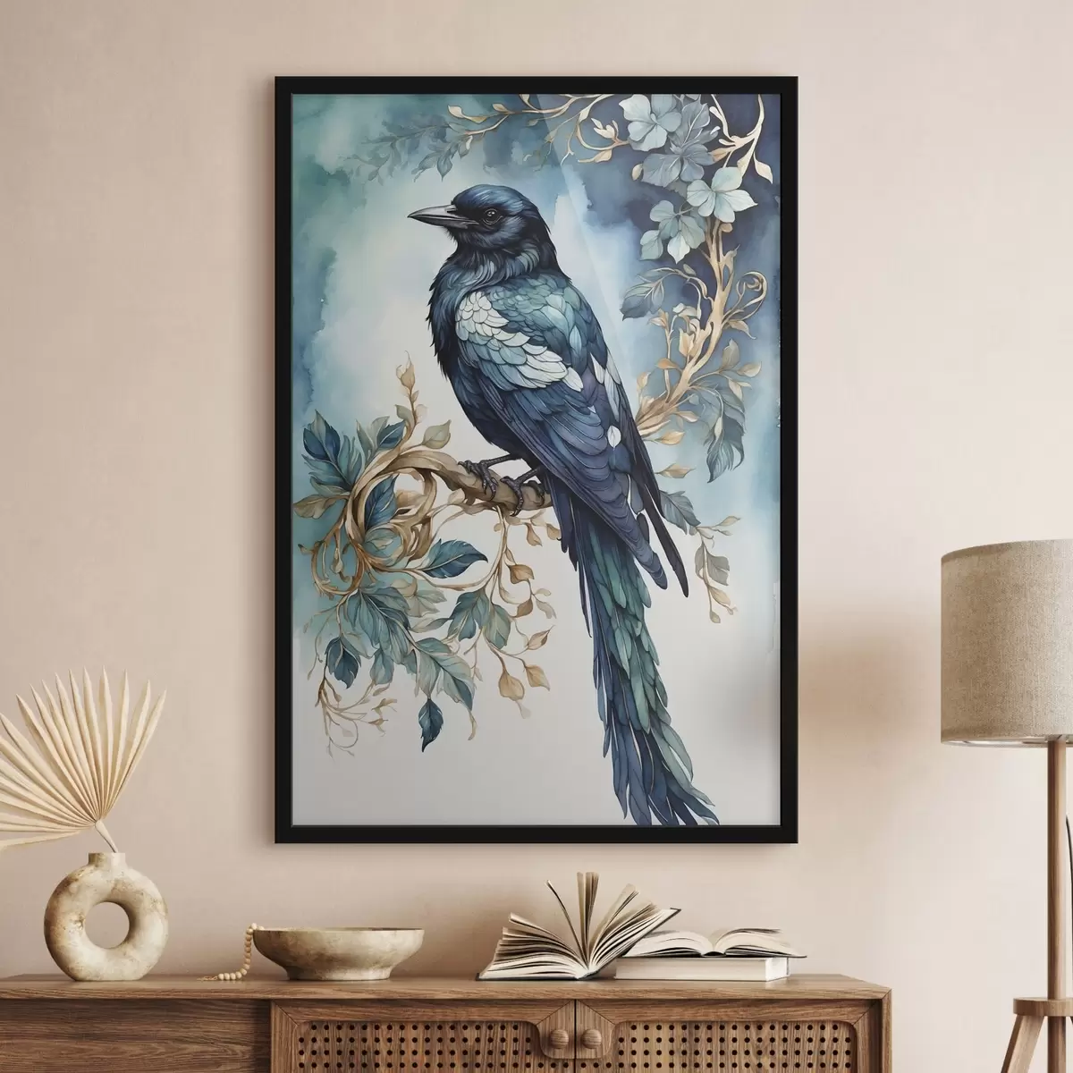 Poster Blauwe vogel op een tak met bladeren in aquarelstijl f45483