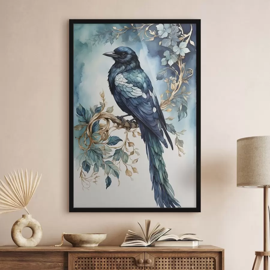 Papier peint photo Oiseau bleu sur une branche avec des feuilles de style aquarelle f45483