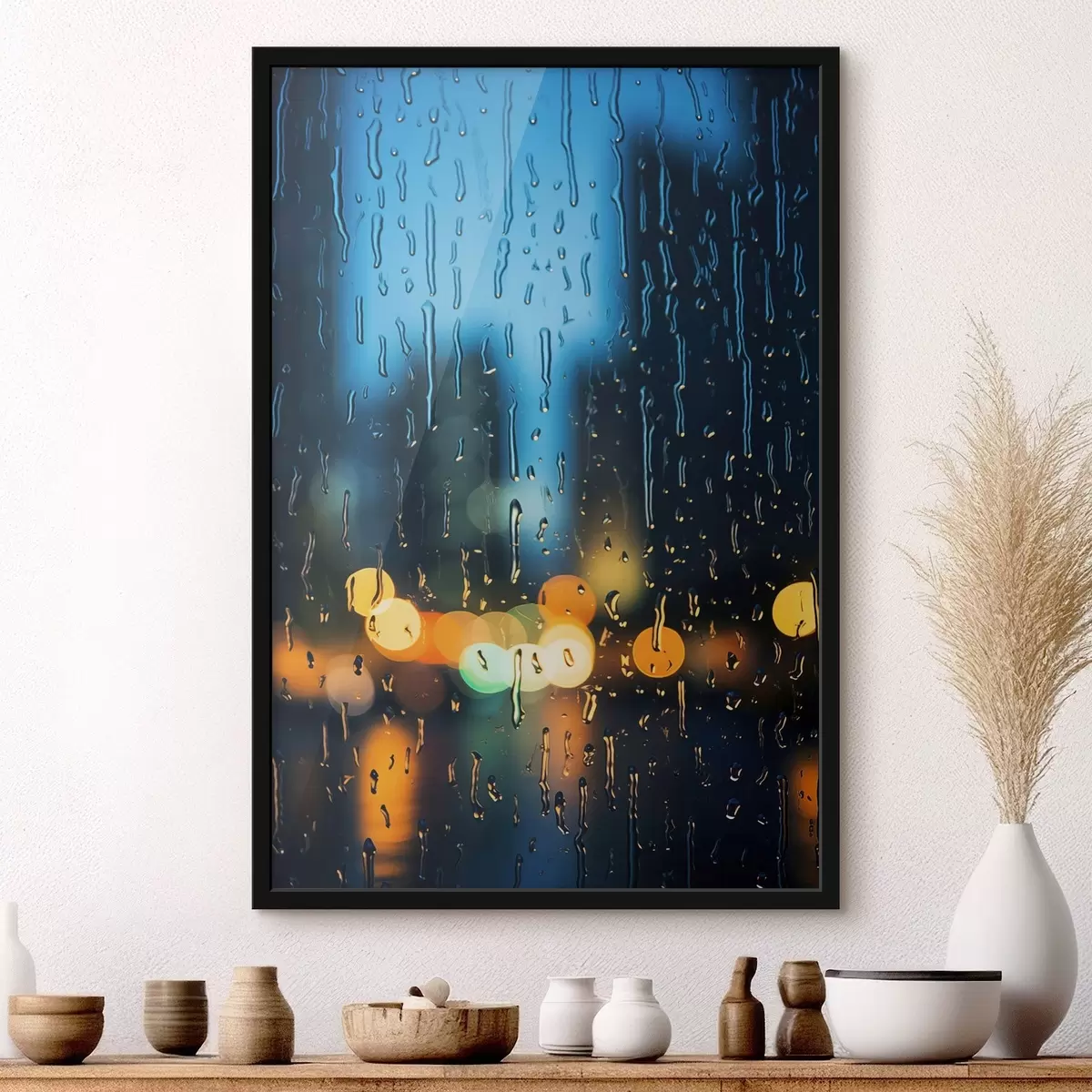 Affiche Tasse de café sur une table sous la pluie f45500