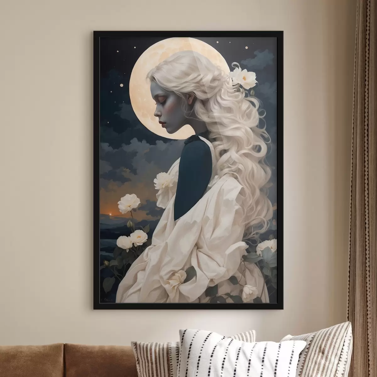 Affiche Femme aux cheveux blancs sous la lune f45622