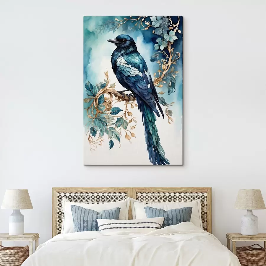  Peintures Oiseau bleu sur une branche avec des feuilles de style aquarelle s45483