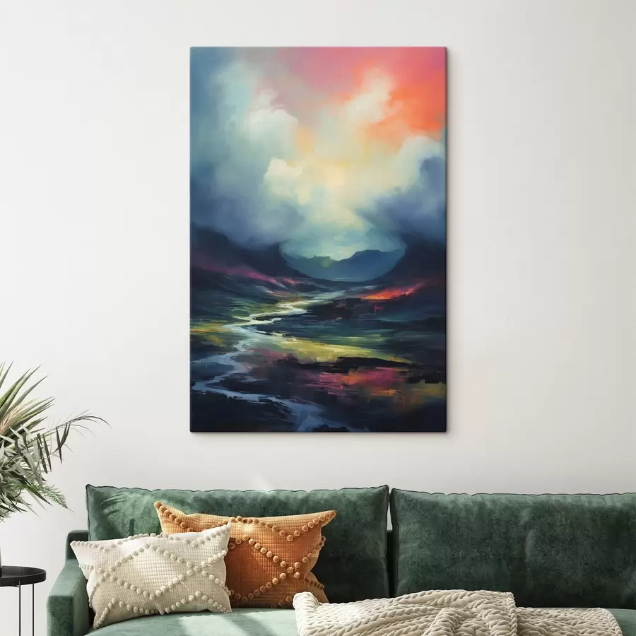  Schilderijen Abstract landschap met een rivier en bergen s45627