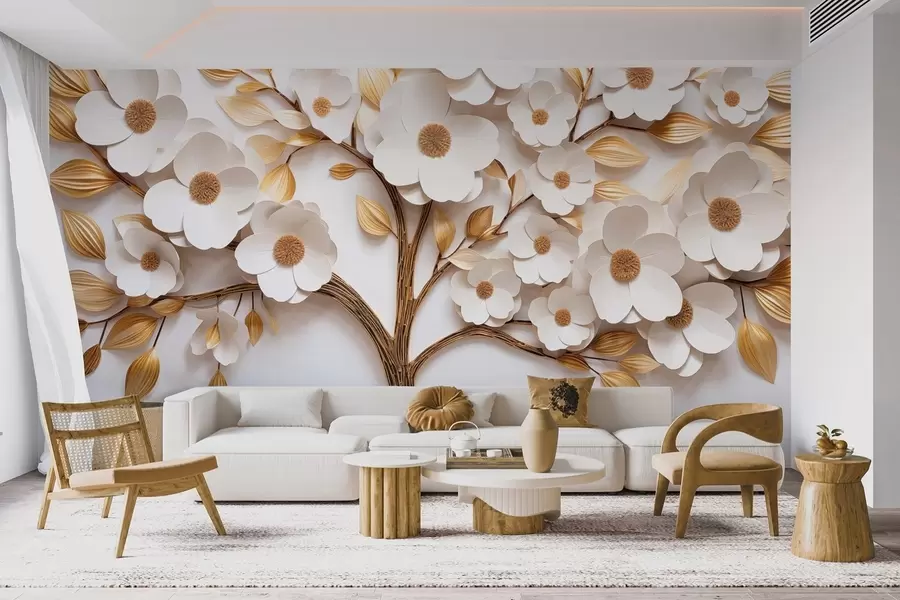 Fotobehang Boom met witte bloemen en imitatie van reliëfbladeren w09348